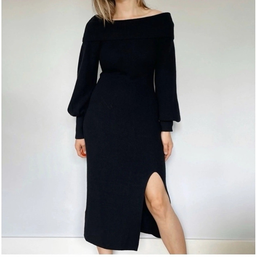 Abercrombie & Fitch Ribbed Off The Shoulder Sweater Dress Black Small Puff Sleev